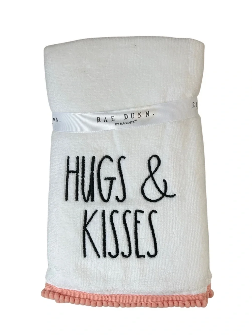 Rae Dunn Hugs & Kisses White Plush Throw Blanket Pink Pom Pom Trim NWT